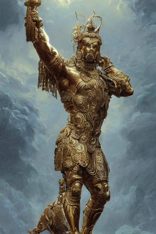 Image similar to Dog as a god, detailed face, statue, gorgeous, Delicate Greek metal armor, Delicate and intricate borders for decoration, amazing, flowing hair, muscular, fit, very muscular male body, intricate, highly detailed, 8K, digital painting, artstation, concept art, sharp focus, illustration, art by greg rutkowski beeple and alphonse mucha