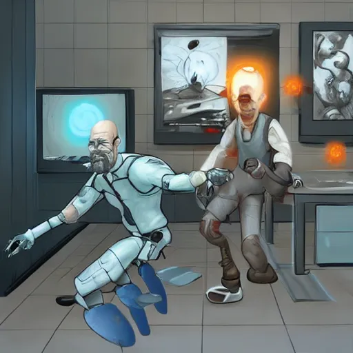 Prompt: walter white fighting glados from portal 2, https : / / www. artstation. com / artwork / wvxxv