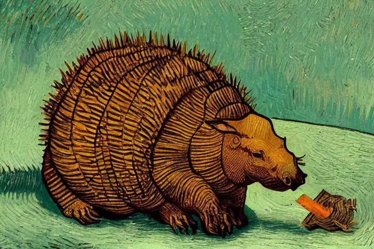 Prompt: an armadillo smoking a joint by vincent van gogh, digital art,