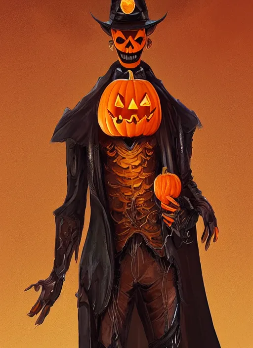 Prompt: tall thin male with a jack - o - lantern for a head, jack pumpkinhead, pumpkin head, full body character concept, art nouveau, super powers, fantasy, intricate, elegant, highly detailed, digital painting, artstation, concept art, shining, sharp focus, illustration, art by stanley lau