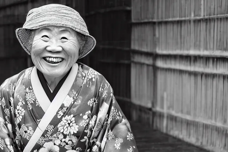 Prompt: still photo of a japanese old woman smiling at the camera wearing a kimono on a street, black and white color aesthetic, highly detailed, photorealistic portrait, bright studio setting, studio lighting, crisp quality and light reflections, unreal engine 5 quality render