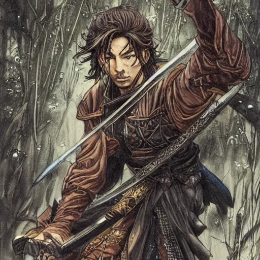 Prompt: a handsome golden Vagabond magic swordsman glides through a beautiful battlefield magic the gathering dramatic esoteric pen and ink illustrated in high detail by Hiroya Oku