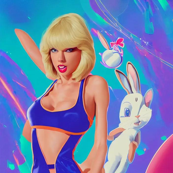 Image similar to portrait of Taylor Swift as Lola Bunny in Space Jam 1996. bunny ears. intricate abstract. intricate artwork. by Tooth Wu, wlop, beeple, dan mumford. octane render, trending on artstation, greg rutkowski very coherent symmetrical artwork. cinematic, hyper realism, high detail, octane render, 8k, iridescent accents