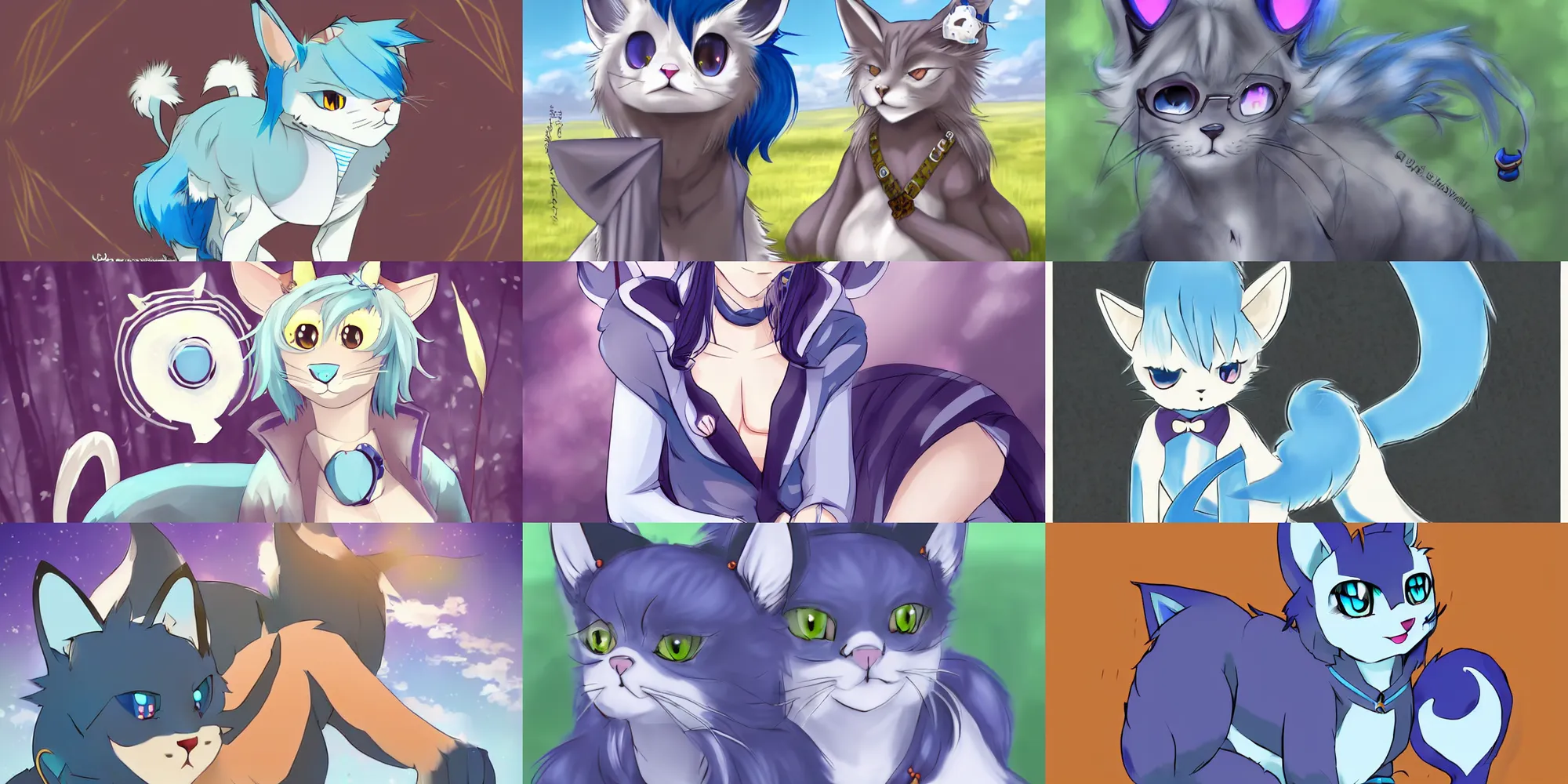 Prompt: gorgeous stylish anthro fursona cat with white horns and blue skin in the camping site, anime fursona furry art commission, anime!, fullmetal alchemist, furaffinity, award winning