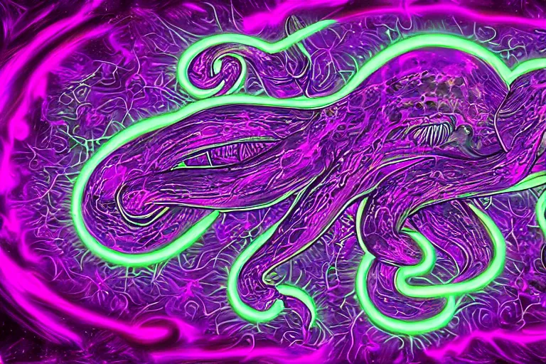 Prompt: digital art of a realistic bright glowing neon purple octopus floating in space by alex grey, (arcylic), ((synthwave)),