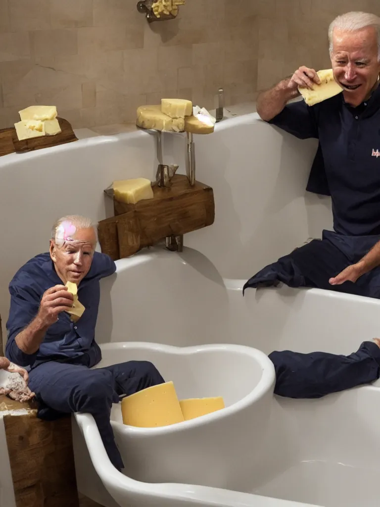 Image similar to Joe Biden eating cheese in a bathtub