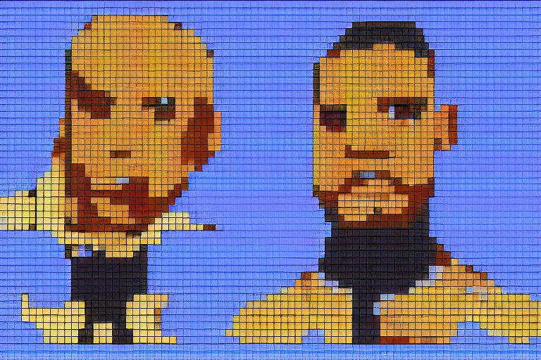 Prompt: pixel art of dwayne johnson and kevin hart, 8 bit, hd