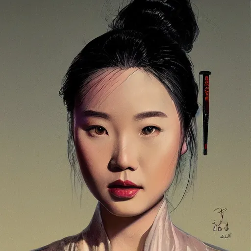 Image similar to Portrait of Mulan, pitch black room, extremely detailed, oil on canvas, low-key neon lighting, realist, artstation, Blade Runner 2049, Roger Deakin’s cinematography, by J. C. Leyendecker and Peter Paul Rubens and Stephen Bauman,