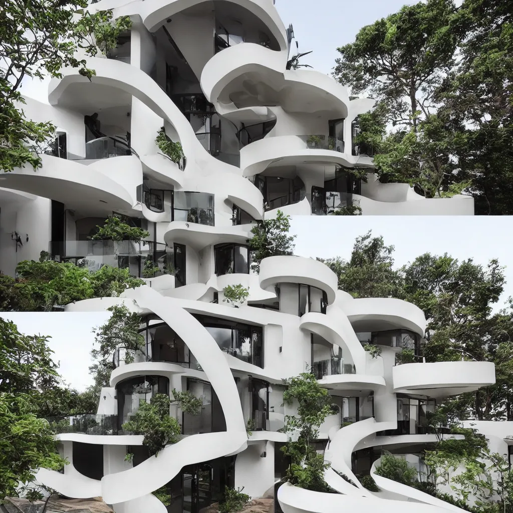 Prompt: “ a two story modern house with curve sculptural balconies, designed by famous architects online lab of architecture, house sold for 4 million dollars, featured on architecture magazines ”