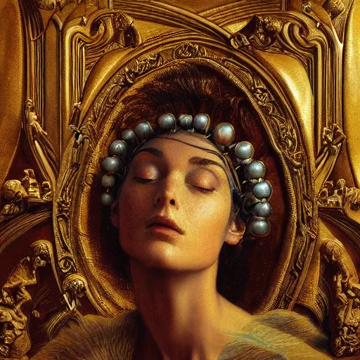 Prompt: masterpiece baroque neoclassicist closeup renaissance portrait of a primitive art deco android priestess, glowing eyes. reflective detailed textures, highly detailed fantasy science fiction painting by moebius, annie swynnerton, norman rockwell and saturno butto and jean delville, elaborate geometric ornament, cool colors. artstation