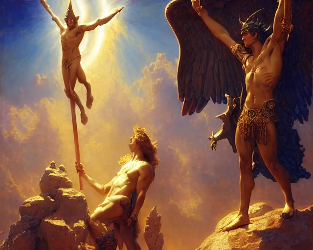 Prompt: monumental male deity, casting demonic magic, summoning handsome lucifer morning star. highly detailed painting by gaston bussiere, craig mullins, j. c. leyendecker 8 k