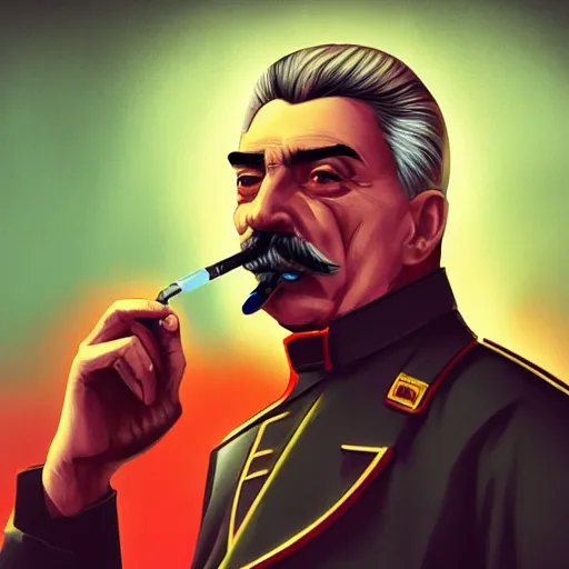 Image similar to cyberpunk joseph stalin smoking a pipe as the leader of a futuristic communist society, cybernetics, sharp lines, digital, artstation, colored in