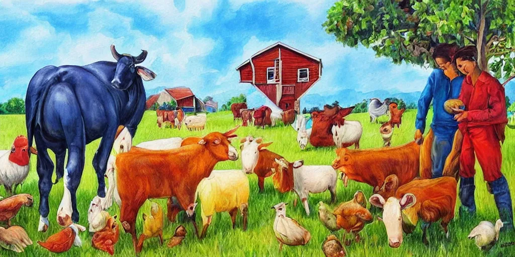 Prompt: beautiful and colorful painting of humans living in harmony with farm animals