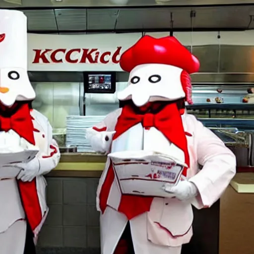 Prompt: anthropomorphic colonel sanders chicken abomination, working at kfc, real life photo,