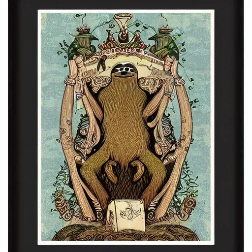 Image similar to sloth as the king of cups, framed, intricate details