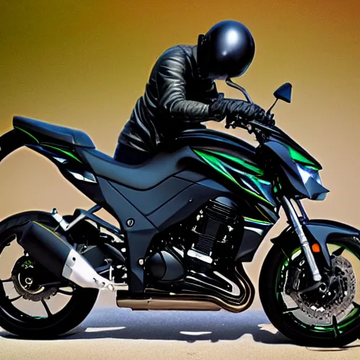 Image similar to photo of black kawasaki z1000 model 2009. Flaming wheels. Wheelie viewpoint