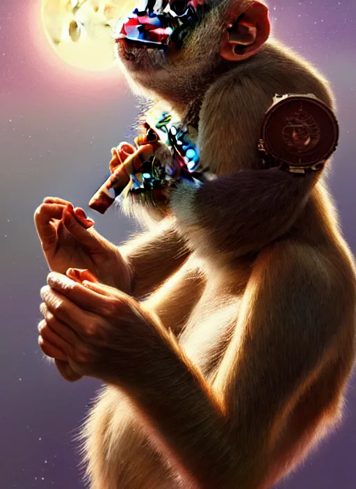 Prompt: portrait of a monkey smoking a cigar on the moon, solarpunk, intricate, elegant, highly detailed, ray tracing, digital painting, artstation, concept art, smooth, sharp focus, illustration, art by artgerm and greg rutkowski and alphonse mucha, 8 k