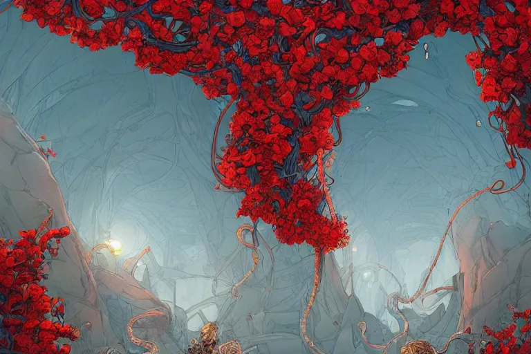 Prompt: comic artwork cover by James Jean of broken arches leading to the pillars of eternity draped with red flowers and vines, blue sky, lens flare, a sense of mystery, cinematic, ultra detailed, intricate, sharp focus, trending on artstation, 8K