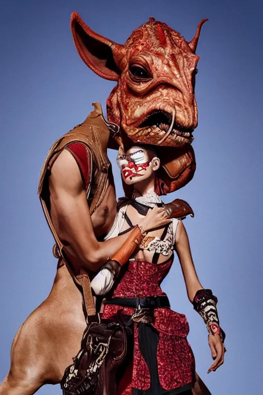 Image similar to dolce & gabbana campaign featuring jar jar binks as a female cowgirl, long eyeslashes, huge juicy lips, big seductive eyes, shot by mario testino, realistic vfx simulation
