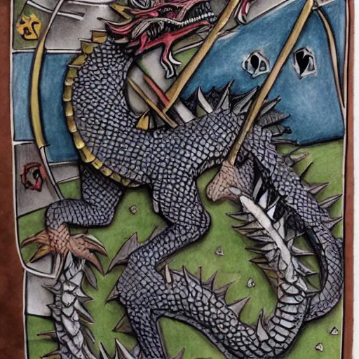 Prompt: Diplomacy of Knight and Dragon, paper cutout with colored-pencil drawing details