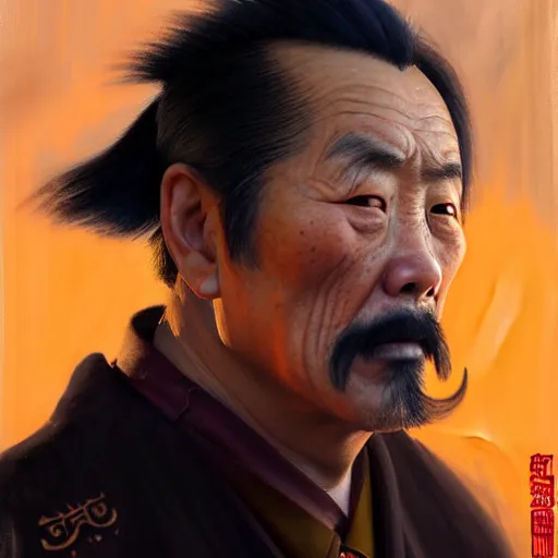 Image similar to Greg Manchess portrait painting of a chinese 60 year old character, soul patch, facial tattoo, long hair, medium shot, asymmetrical, profile picture, Organic Painting, sunset dark dramatic, matte painting, bold shapes, hard edges, street art, trending on artstation, by Huang Guangjian and Gil Elvgren and Sachin Teng