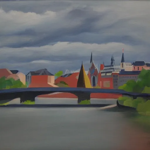 Image similar to very abstract painting of the rhine in basel, very rough brush strokes, the munster in the background, muted greyscale colors, great composition