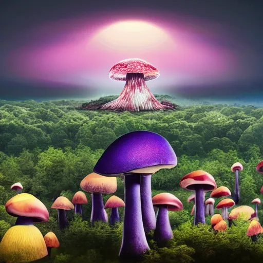 Image similar to a giant, nightmarish mushroom looking over an exotic city on the horizon, a mushroom forest, a red and purple mist filled with eyes