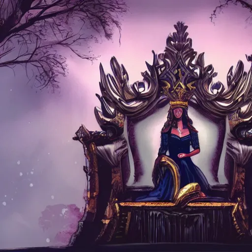 Image similar to A beautiful Queen sitting in a throne, concept art, wide shot, godrays, grand