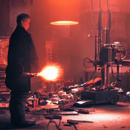 Image similar to weapon made from old egg beater, balding older cyborg repairing, red hot soldering iron, dark messy smoke - filled cluttered workshop, dark, dramatic lighting, orange tint, cinematic, highly detailed, sci - fi, futuristic, movie still from blade runner