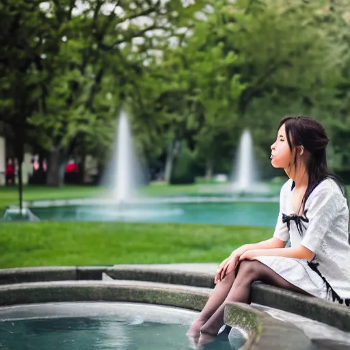 Image similar to a portrait of a young maid sitting on a edge of a fountain in park, 8k, cinematic, photo taken with Sony a7R camera