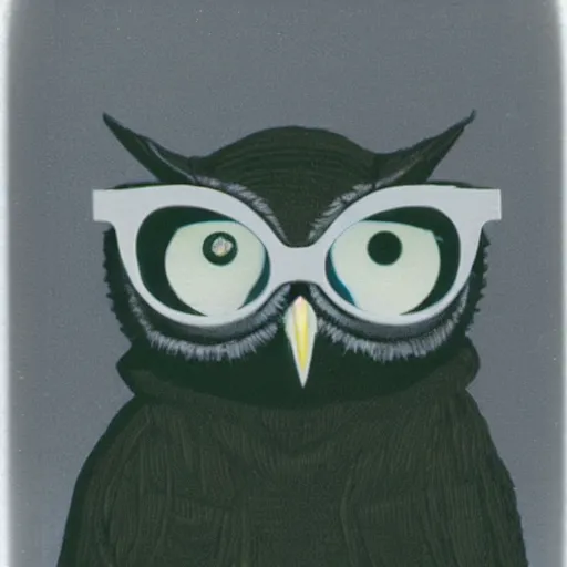 Prompt: close - up coloured polaroid photo of anthropomorphic owl anthropomorphic!!! in cool glasses wearing a hoodie!!!!