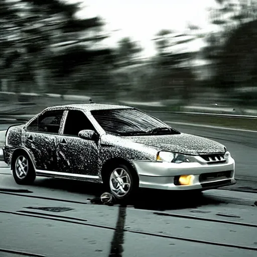 Image similar to “a silver Mitsubishi Lancer rolling down a road at night after an accident, shattered windscreen”