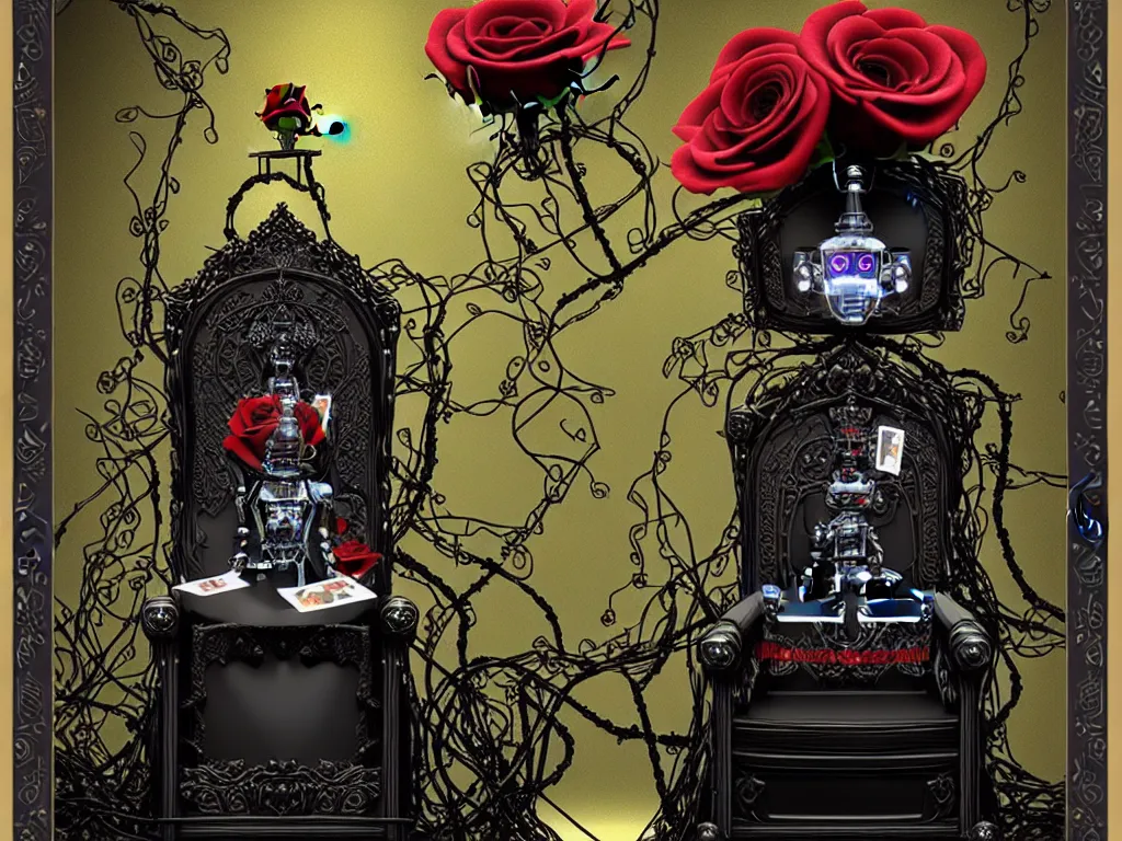 Image similar to robot helmet on a throne, roses with vines dripping black liquid, tarot card with ornate border frame, ornamented flowing jewelry, 4k, trending on artstation, hyper realistic, photorealistic, volumetric lighting, in the style of michael cheval,