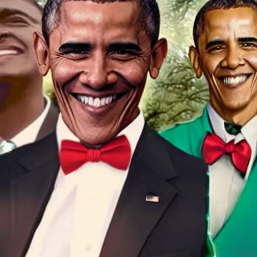 Image similar to realistic photo of casual obama with red hair wearing a black sweater and a green bow tie, still from riverdale