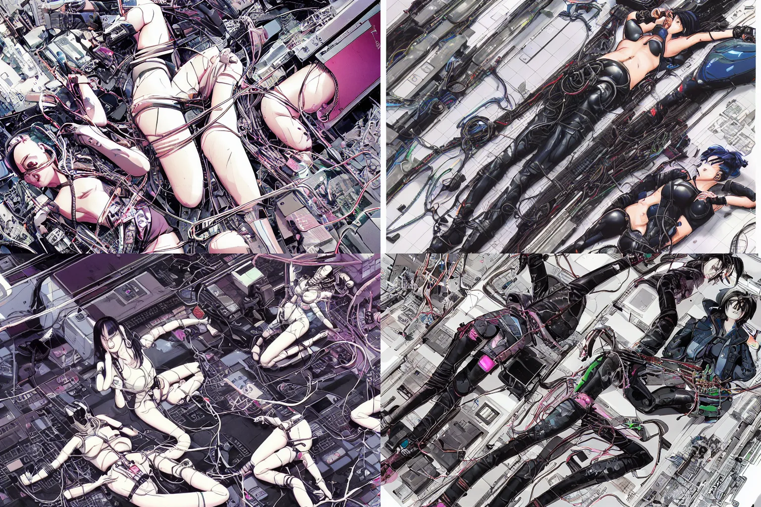 Prompt: a cyberpunk illustration of a group of three female androids in style of masamune shirow, lying on an empty, white floor with their bodies torn apart scattered rotated in different poses and cables and wires coming out, by yukito kishiro and katsuhiro otomo, hyper-detailed, intricate, view from above