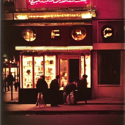 Image similar to people at a cafe at night, paris, 8 mm, photographed by nan goldin