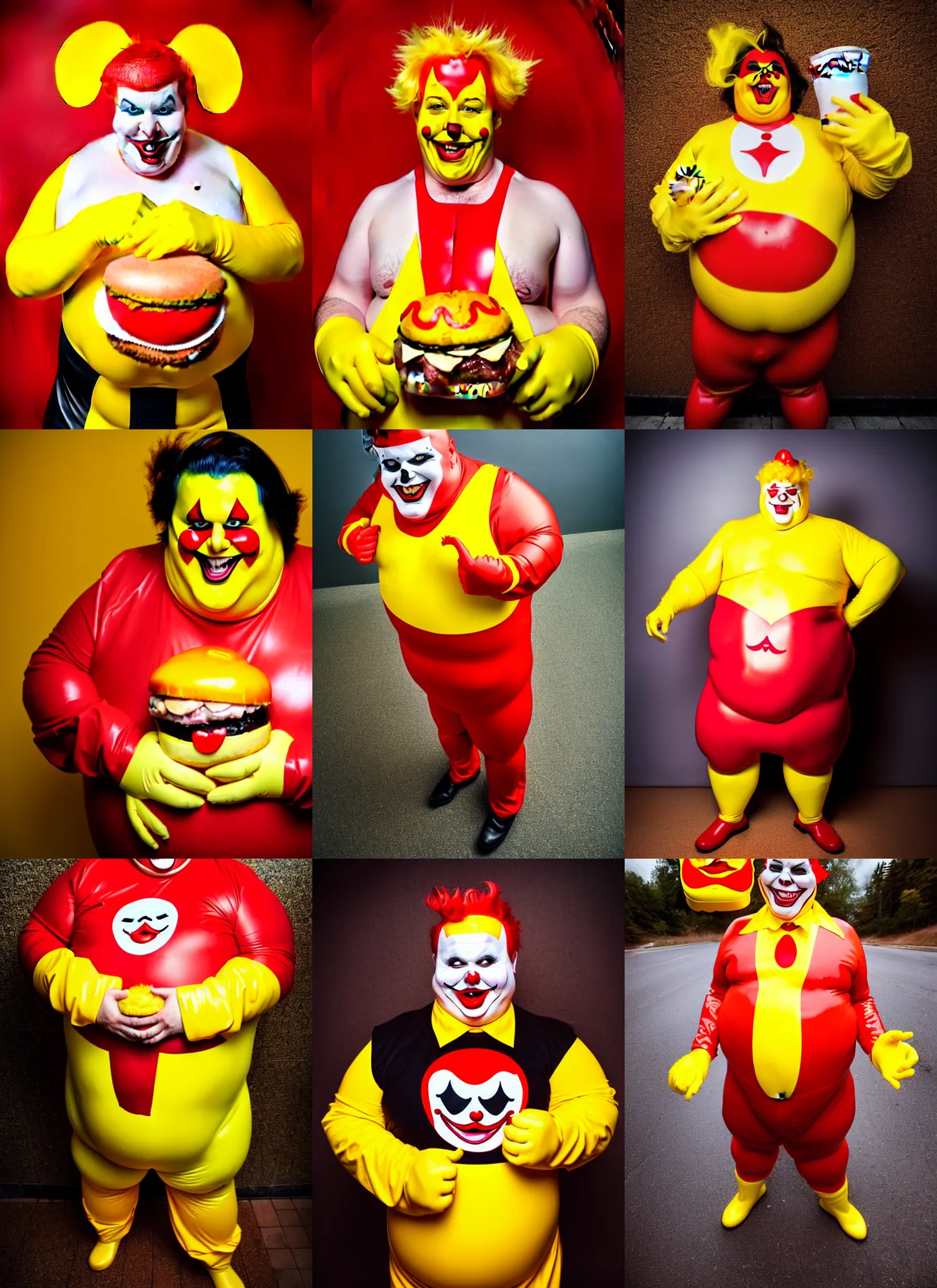 Prompt: low wide angle view portrait of a very chubby evil looking joker dressed in yellow and red rubber latex Ronald Macdonalds costume, holding a sloppy huge hamburger, red hair, a Macdonalds logo on his chest, photography inspired by Oleg Vdovenko