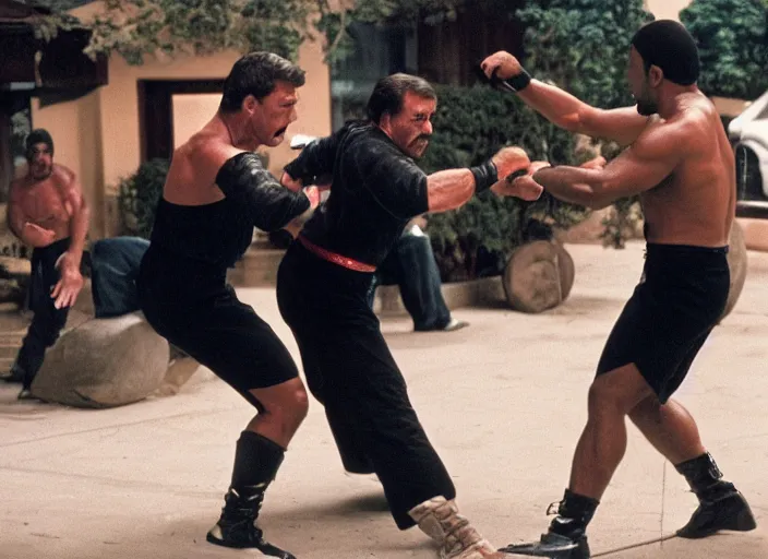 Prompt: film still of Tom Selleck and Charles Barkley fighting Ninjas in the new Bloodsport movie, 8k