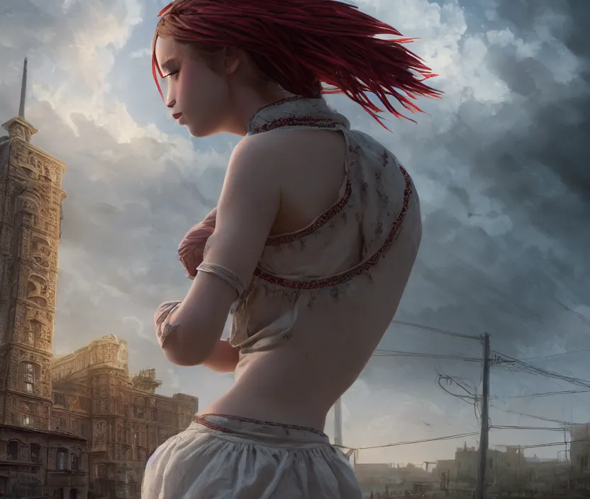 Image similar to a beautiful Cotton Mill Girl, symmetrical, centered, dramatic angle, ornate, details, smooth, sharp focus, illustration, realistic, cinematic, artstation, award winning, rgb , unreal engine, octane render, cinematic light, macro, depth of field, blur, red light and clouds from the back, highly detailed epic cinematic concept art CG render made in Maya, Blender and Photoshop, octane render, excellent composition, dynamic dramatic cinematic lighting, aesthetic, very inspirational, arthouse by Henri Cartier Bresson