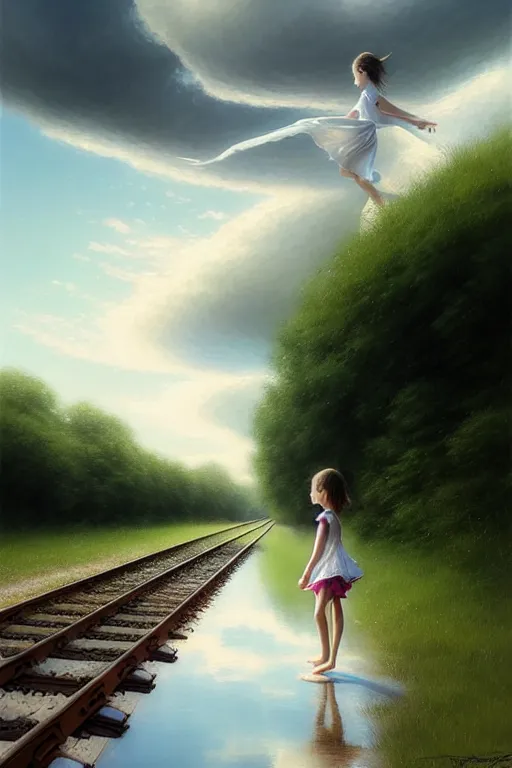 Image similar to a barefoot girl carries her shoes on reflective water and faint train tracks, large white clouds on a wide horizon, intricate, elegant, highly detailed, digital photo, artstation, concept art, smooth, sharp focus, low angle photo, art by artgerm and greg rutkowski and fra angelico