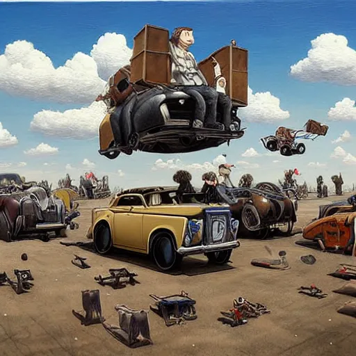 Prompt: a hyperrealistic painting of a steampunk car race, blue skies, fluffy clouds, by john kenn mortensen, highly detailed,
