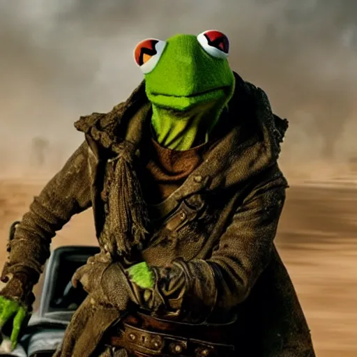 Image similar to kermit as a warlord in madmax fury road, 4 k, high detail, high - resolution photograph, professional photography, ultra - detail