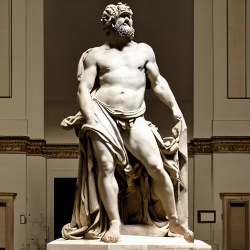 Image similar to marble statue Hephaestus at the Forge by Guillaume Coustou the Younger (at Louvre), dramatic 2 tones lighting