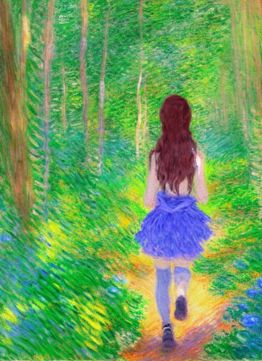 Image similar to an extremely cute girl hiking in a forest, very anime, trending artwork, 4 k, anime painter studio, an impressionist style by claude monet