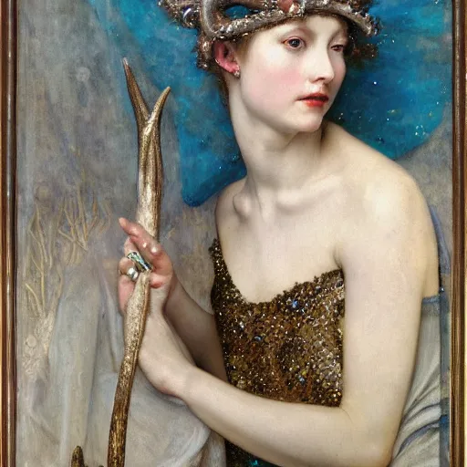 Prompt: a detailed portrait of a blonde haired blue eyed queen of glitter with an antler crown by edgar maxence and caravaggio and michael whelan and delacroix