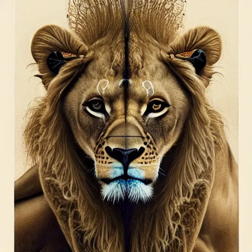 Image similar to highly detailed portrait of a majestic lioness queen in the form of a beautiful woman. d & d. art by donato giancola, brian bolland, ruan jia, peter lindbergh. trending on artstation, intricate details, energetic composition, golden ratio, concept art, illustration, elegant art, global illuminaition