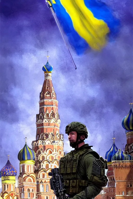 Image similar to special forces soldier raising ukrainian blue and yellow flag, kremlin st. basil cathedral in the background, masculine figure, d & d, fantasy, bright atmosphere, volumetric lights, intricate, elegant, extremely detailed, digital painting, artstation, concept art, matte, smooth, sharp focus, hyper realistic, illustration, art by artgerm and greg rutkowski and alphonse mucha