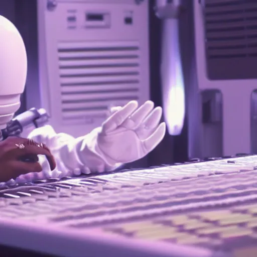 Image similar to cinematic film still of Pharrell Williams Making A Beat with an anthropomorphic alien, Japanese VFX, 2018, 400mm lens, f1.8, shallow depth of field,film photography