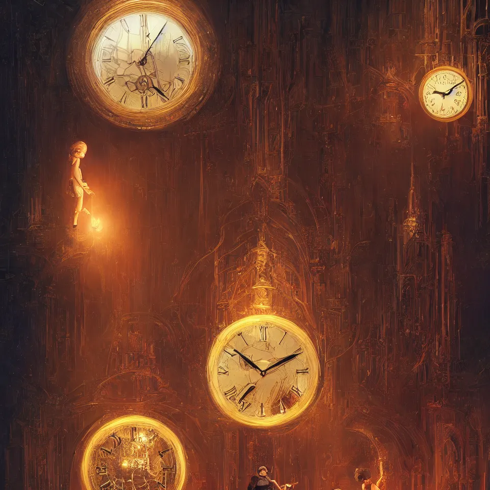 Prompt: a child surrounded by mirror and evil clock, intricate, elegant, glowing lights, highly detailed, digital painting, artstation, concept art, smooth, sharp focus, illustration, bruce pennington, 8 k, very high resolution, processing, extremely hyperdetailed