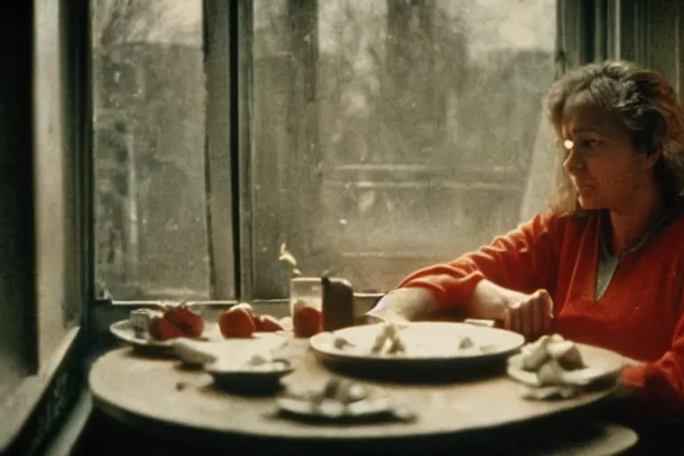 Image similar to soviet movie still a soviet woman sitting at a table next to the window with food, dark warm light, a character portrait by margarita terekhova, movie stalker solaris film still by andrei tarkovsky, 8 k, 1 9 8 4, close - up bokeh, gelios lens, color, noir